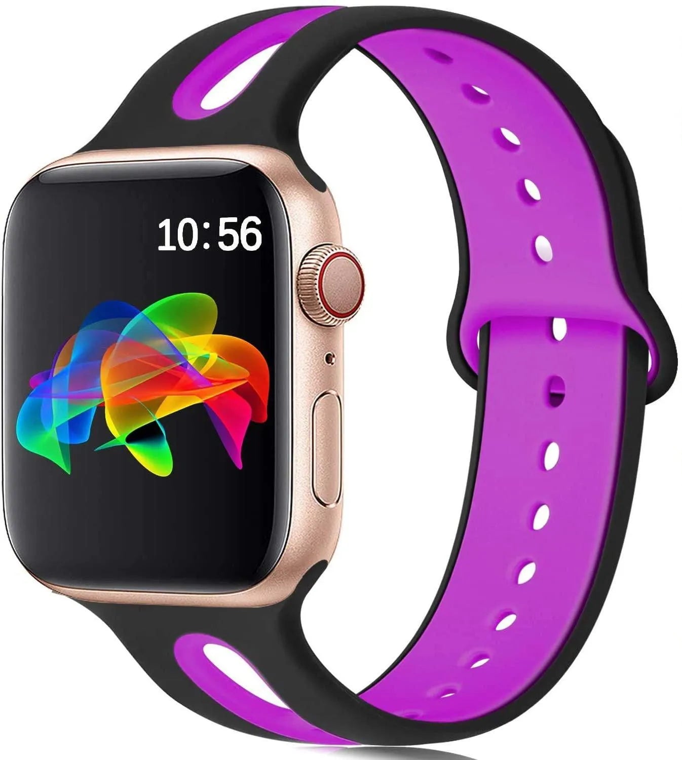 Silicone Apple Watch strap with 6-hole sport loop in two-tone colours on a watch