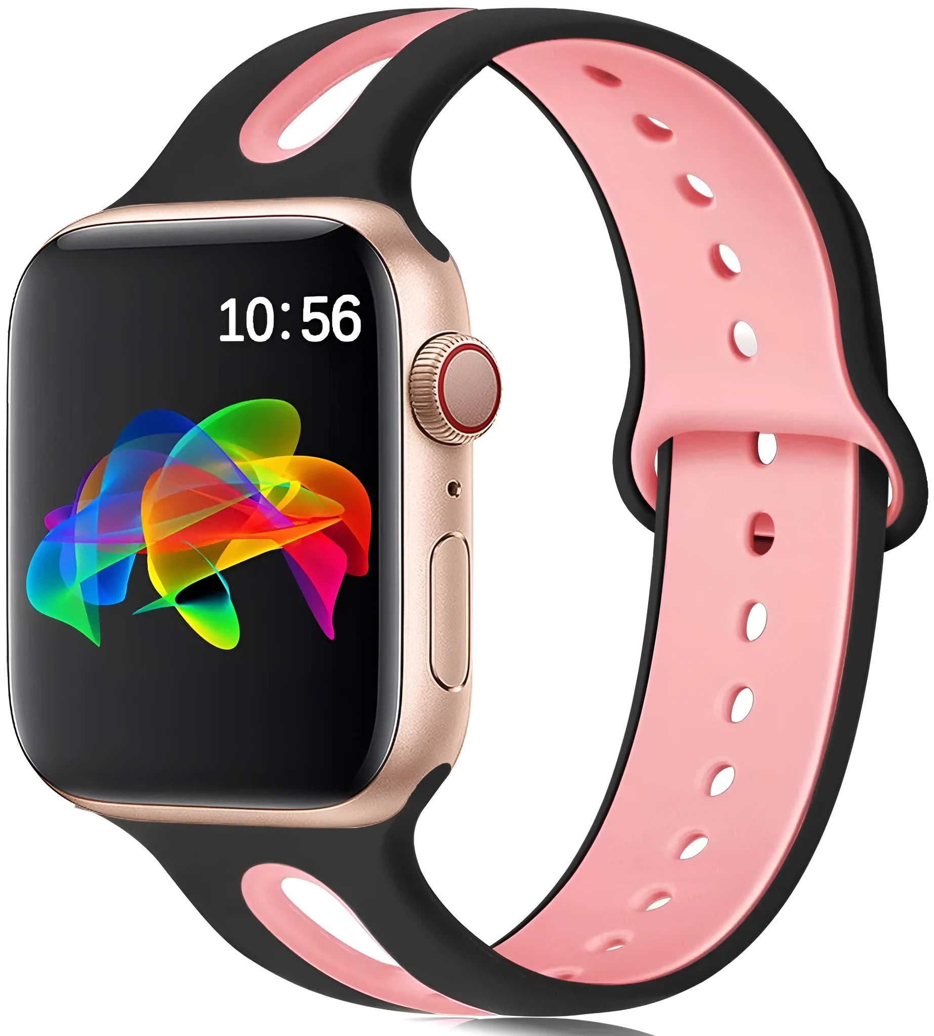 Silicone Apple Watch strap with 6-hole sport loop in two-tone colours on a watch