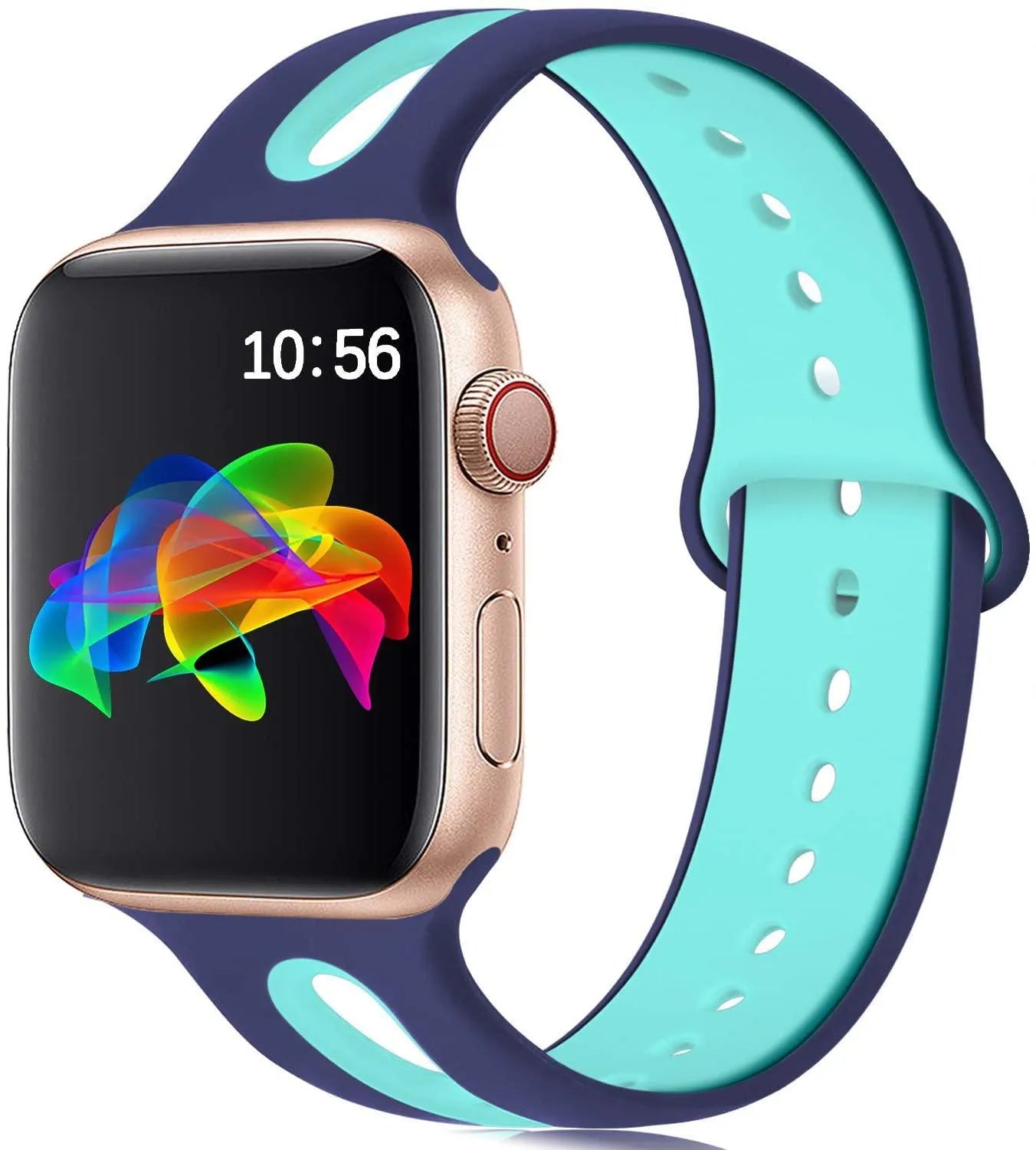 Silicone Apple Watch strap with 6-hole sport loop in two-tone colours on a watch