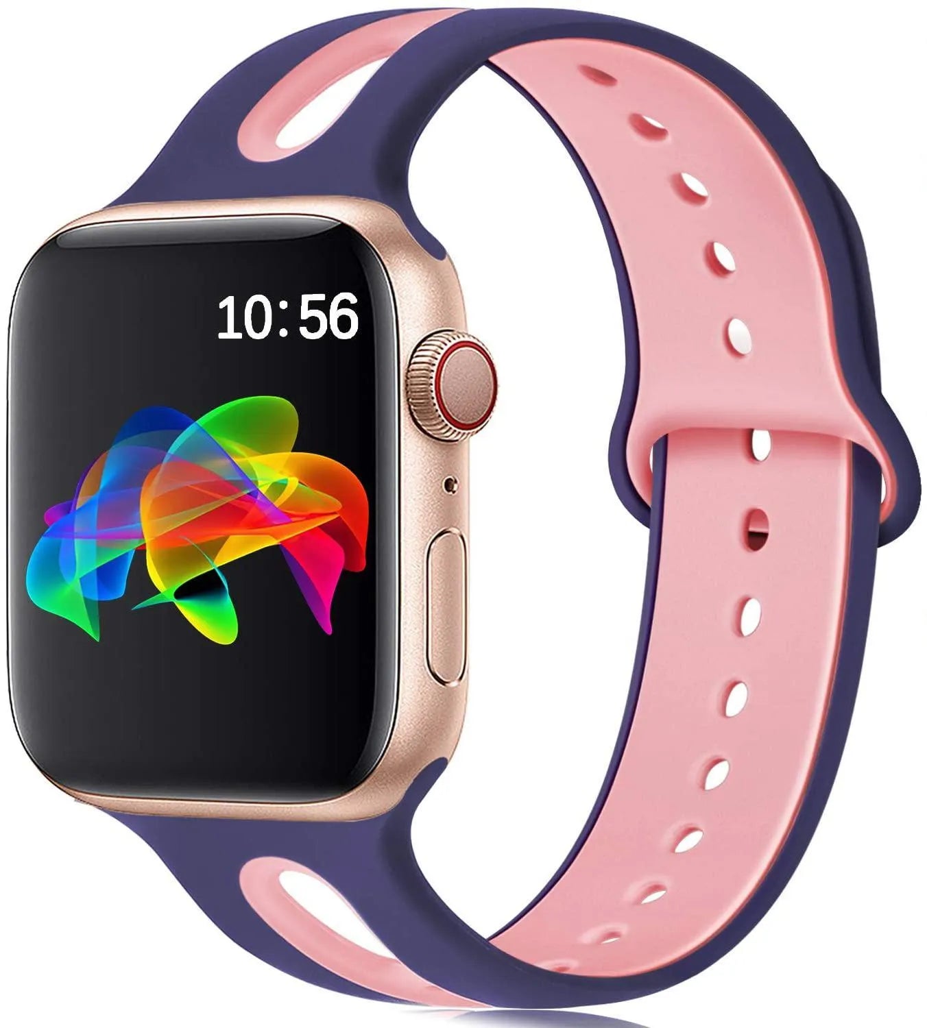 Silicone Apple Watch strap with 6-hole sport loop in two-tone colours on a watch