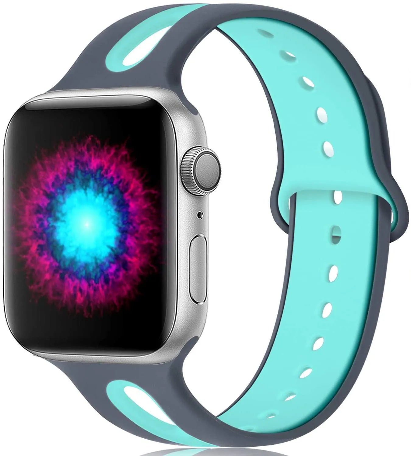 Silicone Apple Watch strap with 6-hole sport loop in two-tone colours on a watch