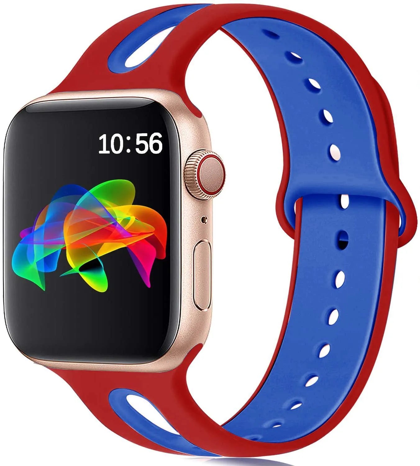 Silicone Apple Watch strap with 6-hole sport loop in two-tone colours on a watch