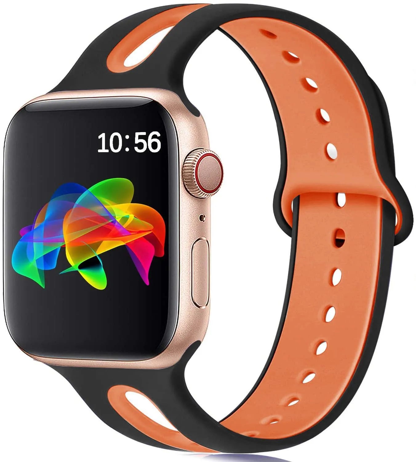 Silicone Apple Watch strap with 6-hole sport loop in two-tone colours on a watch