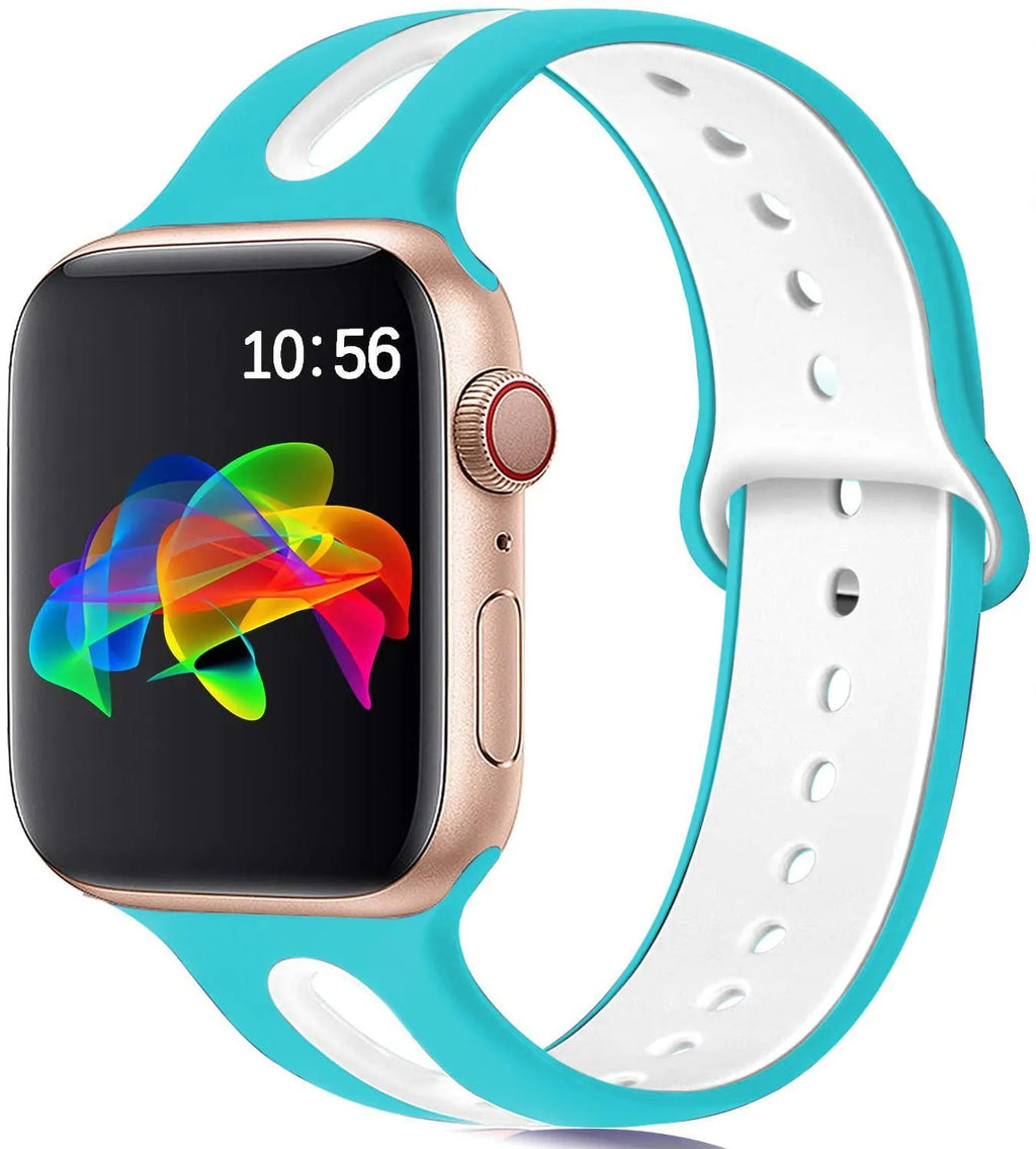 Silicone Apple Watch strap with 6-hole sport loop in two-tone colours on a watch