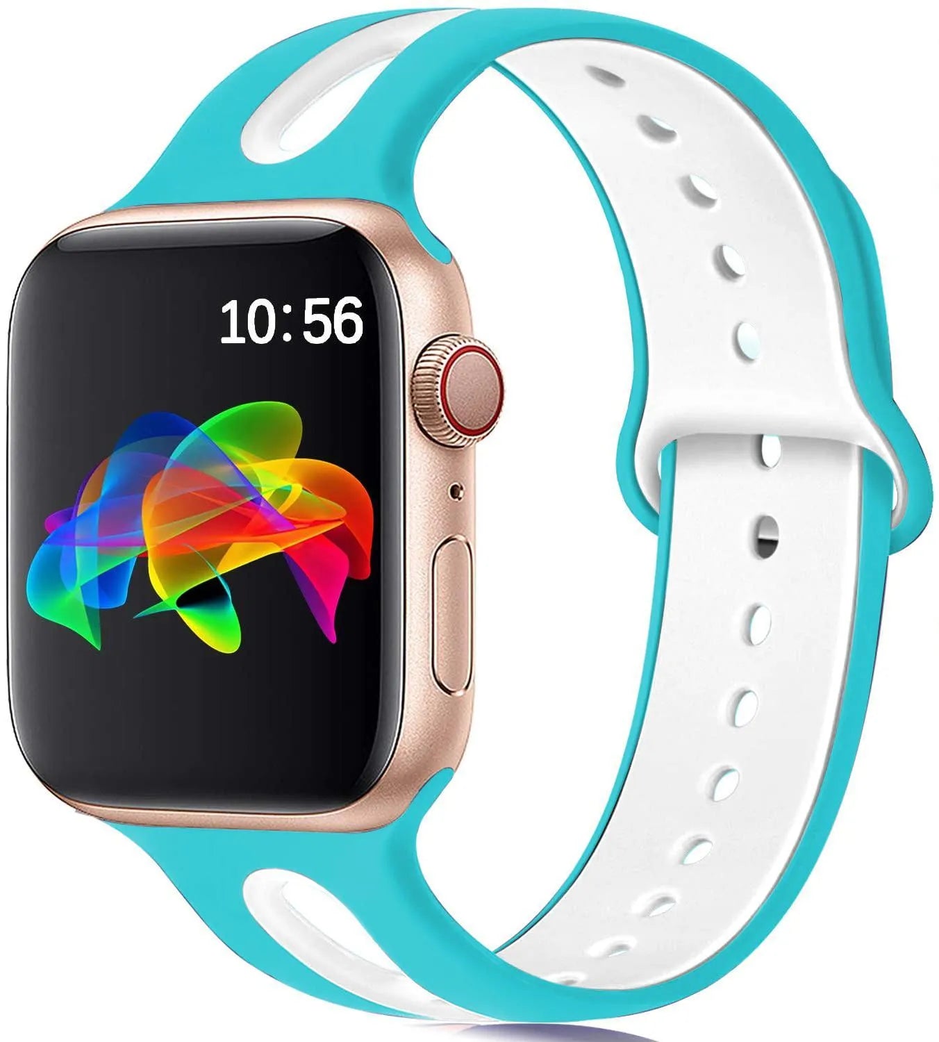 Silicone Apple Watch strap with 6-hole sport loop in two-tone colours on a watch