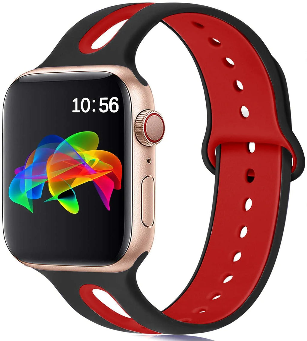 Silicone Apple Watch strap with 6-hole sport loop in two-tone colours on a watch