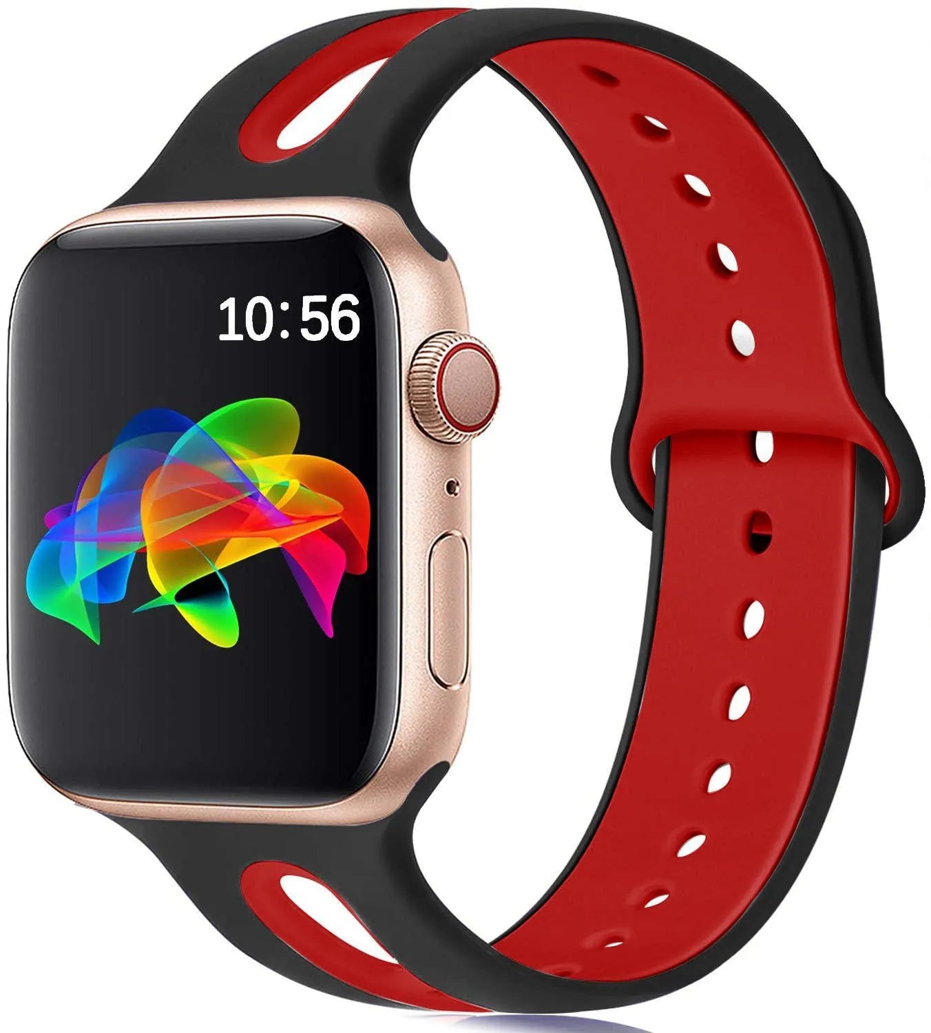 Silicone Apple Watch strap with 6-hole sport loop in two-tone colours on a watch