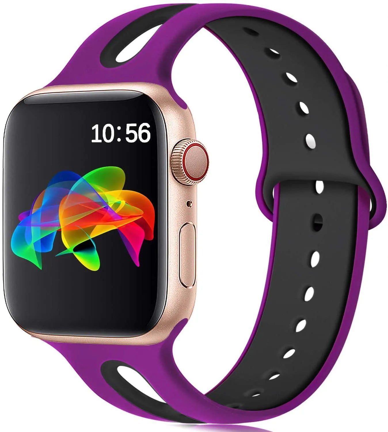 Silicone Apple Watch strap with 6-hole sport loop in two-tone colours on a watch