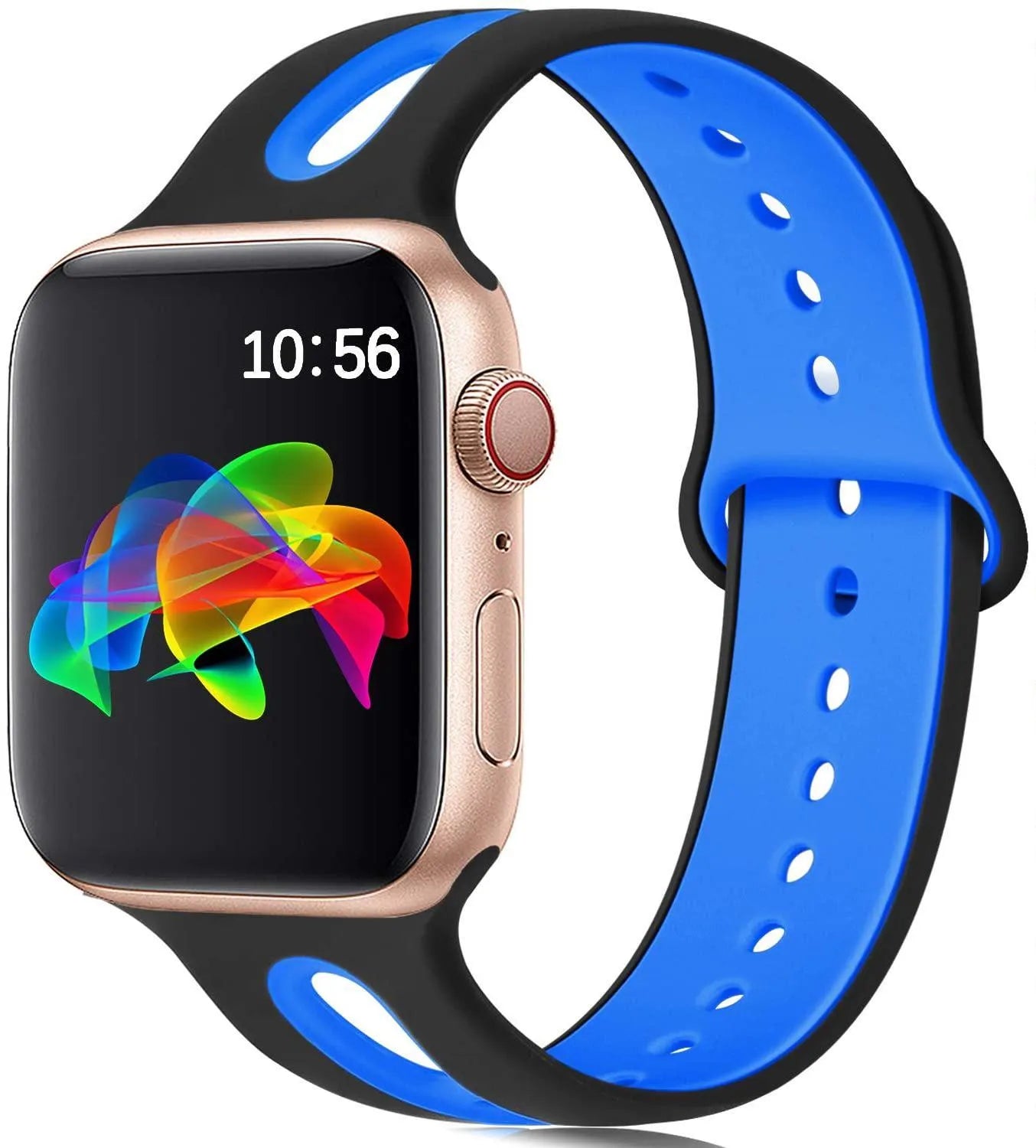 Silicone Apple Watch strap with 6-hole sport loop in two-tone colours on a watch