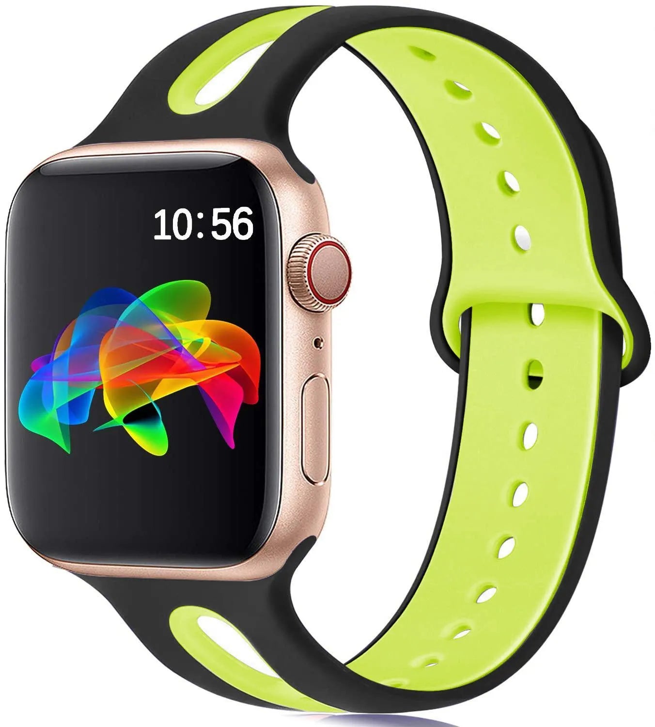 Silicone Apple Watch strap with 6-hole sport loop in two-tone colours on a watch