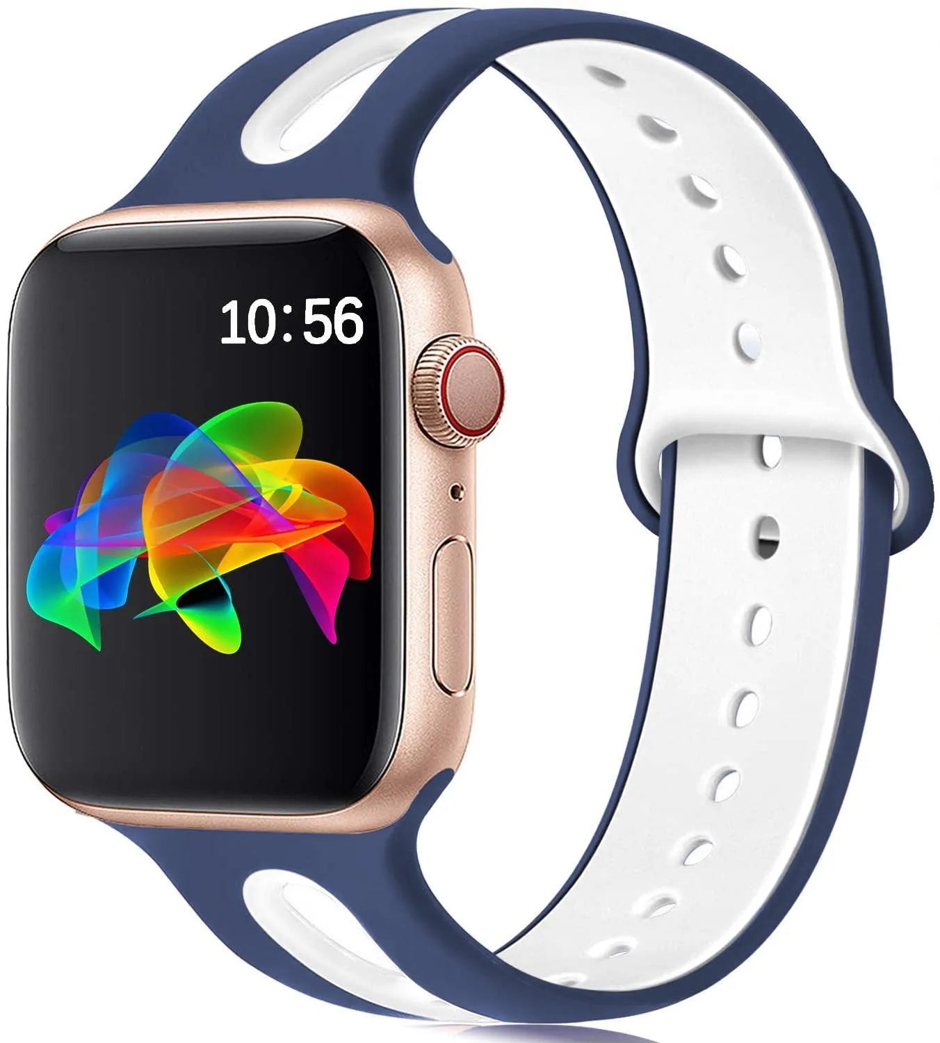 Silicone Apple Watch strap with 6-hole sport loop in two-tone colours on a watch