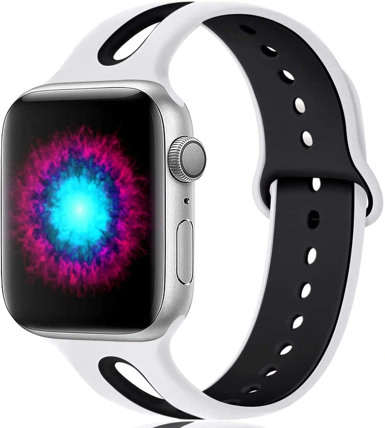 Silicone Apple Watch strap with 6-hole sport loop in two-tone colours on a watch