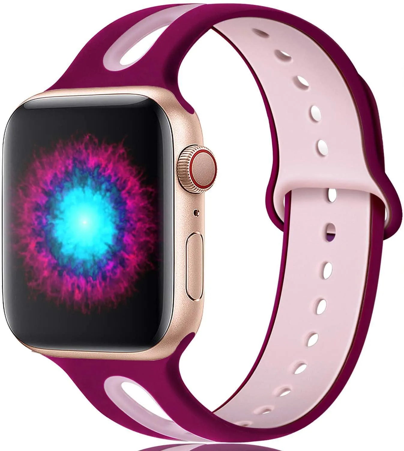 Silicone Apple Watch strap with 6-hole sport loop in two-tone colours on a watch