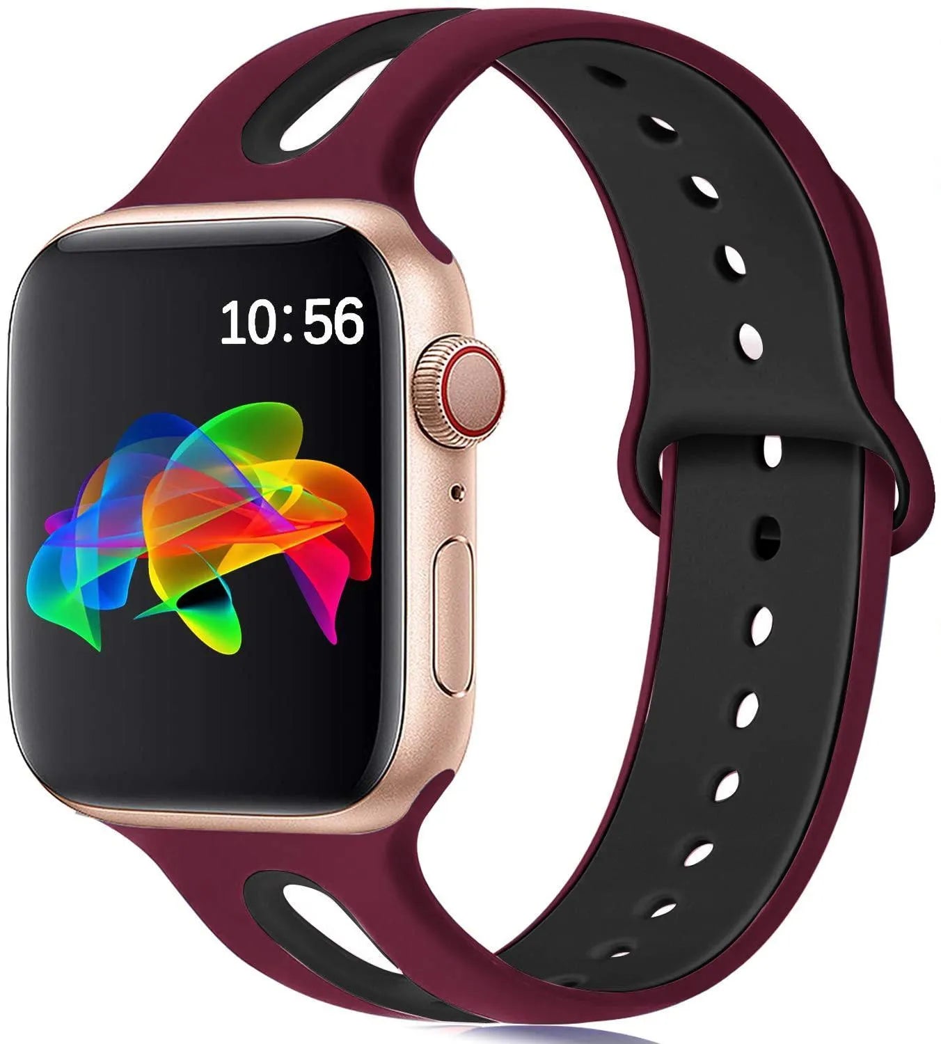 Silicone Apple Watch strap with 6-hole sport loop in two-tone colours on a watch