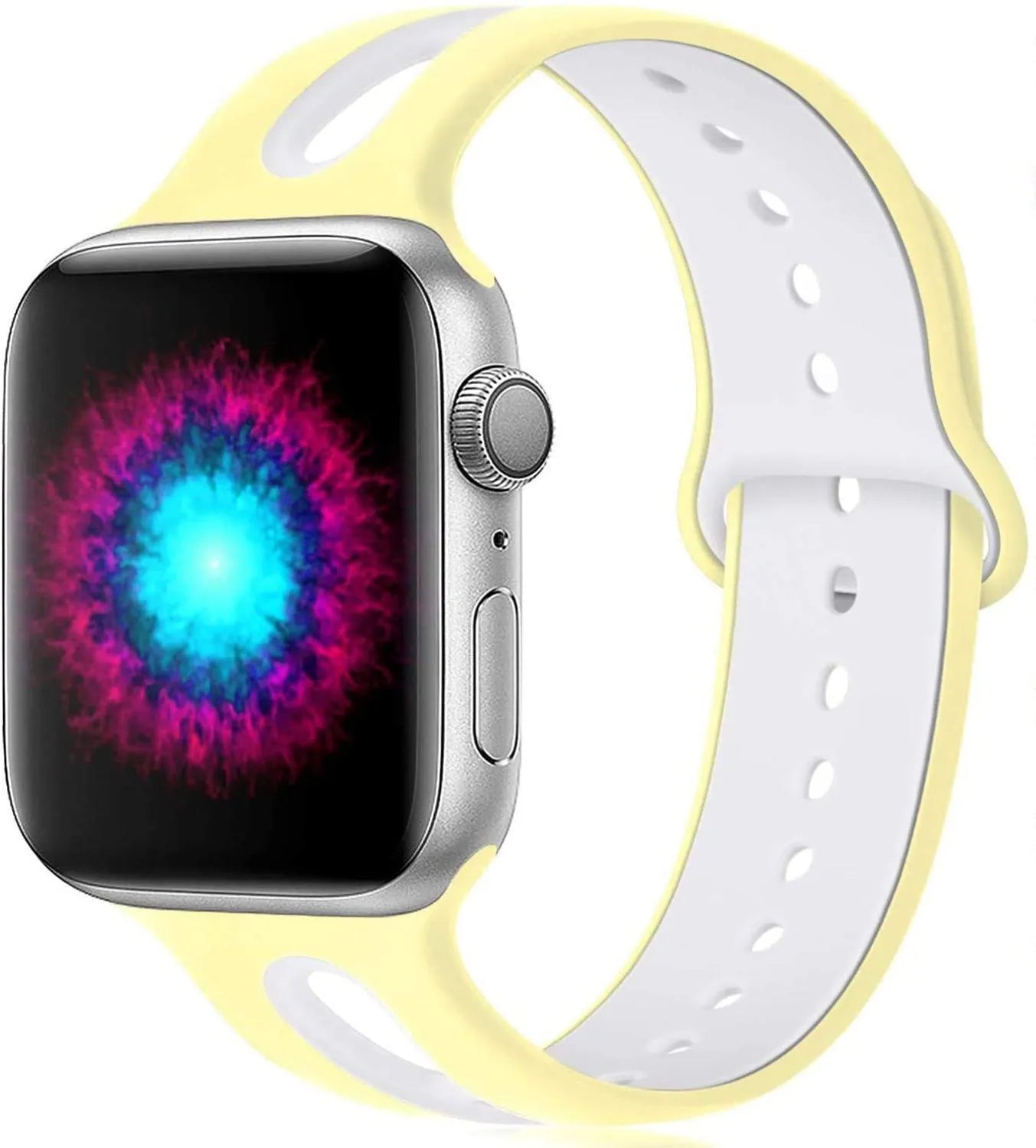 Silicone Apple Watch strap with 6-hole sport loop in two-tone colours on a watch