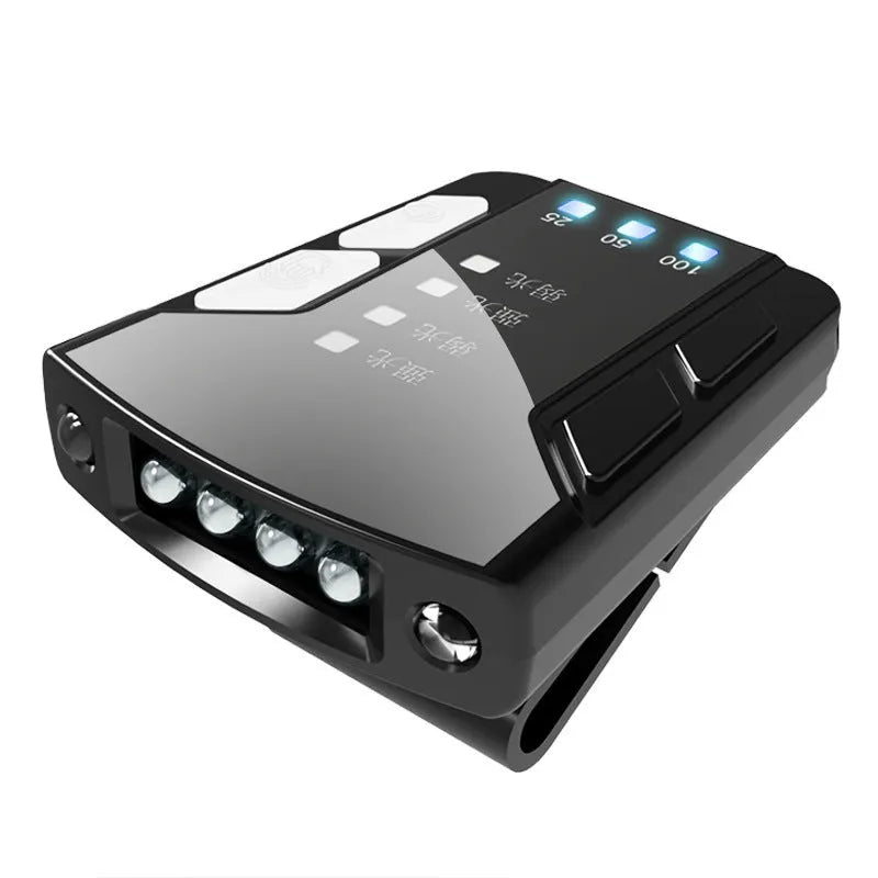 USB rechargeable fishing headlight with clip, power indicator, and 360-degree rotating head.