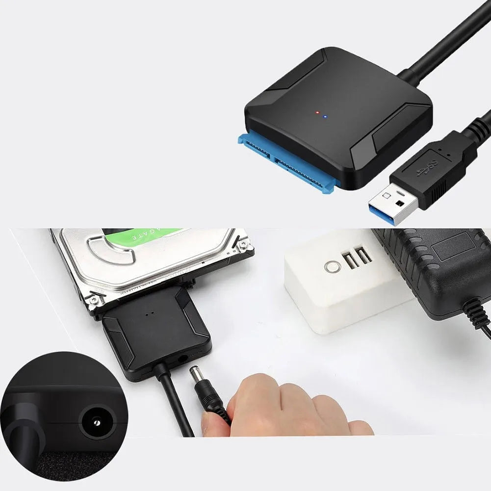 Black USB 3.0 to SATA adapter cable converter for 2.5-inch hard drives.