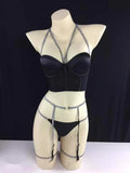 Three-point garter set in polyester fabric, black and white colours, sizes S M L XL for women