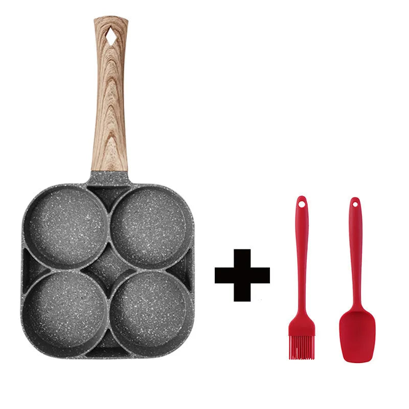 Four-hole non-stick aluminium frying pan for eggs, burgers and pancakes on a kitchen hob
