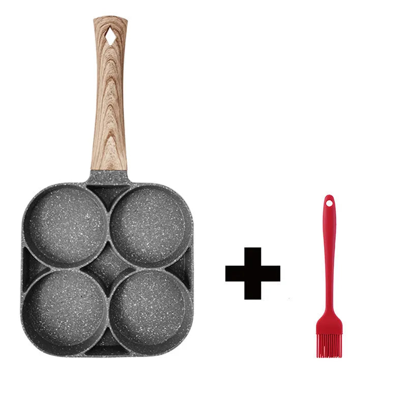 Four-hole non-stick aluminium frying pan for eggs, burgers and pancakes on a kitchen hob