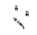 Black magnetic charging cable with spherical rotating head shown connected to mobile phone