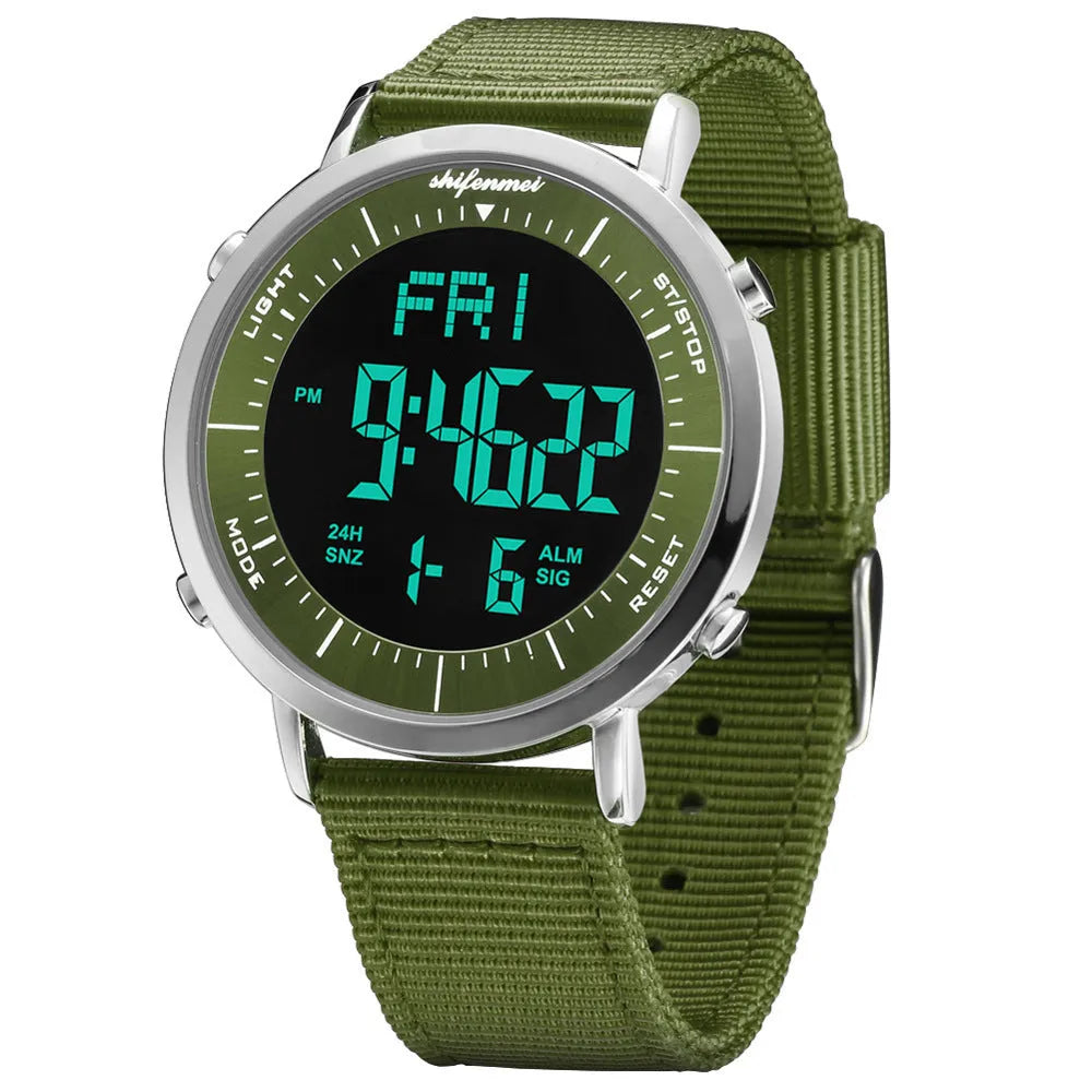 Shifenmei digital sports watch with 10m water resistance on wrist showing casual style display
