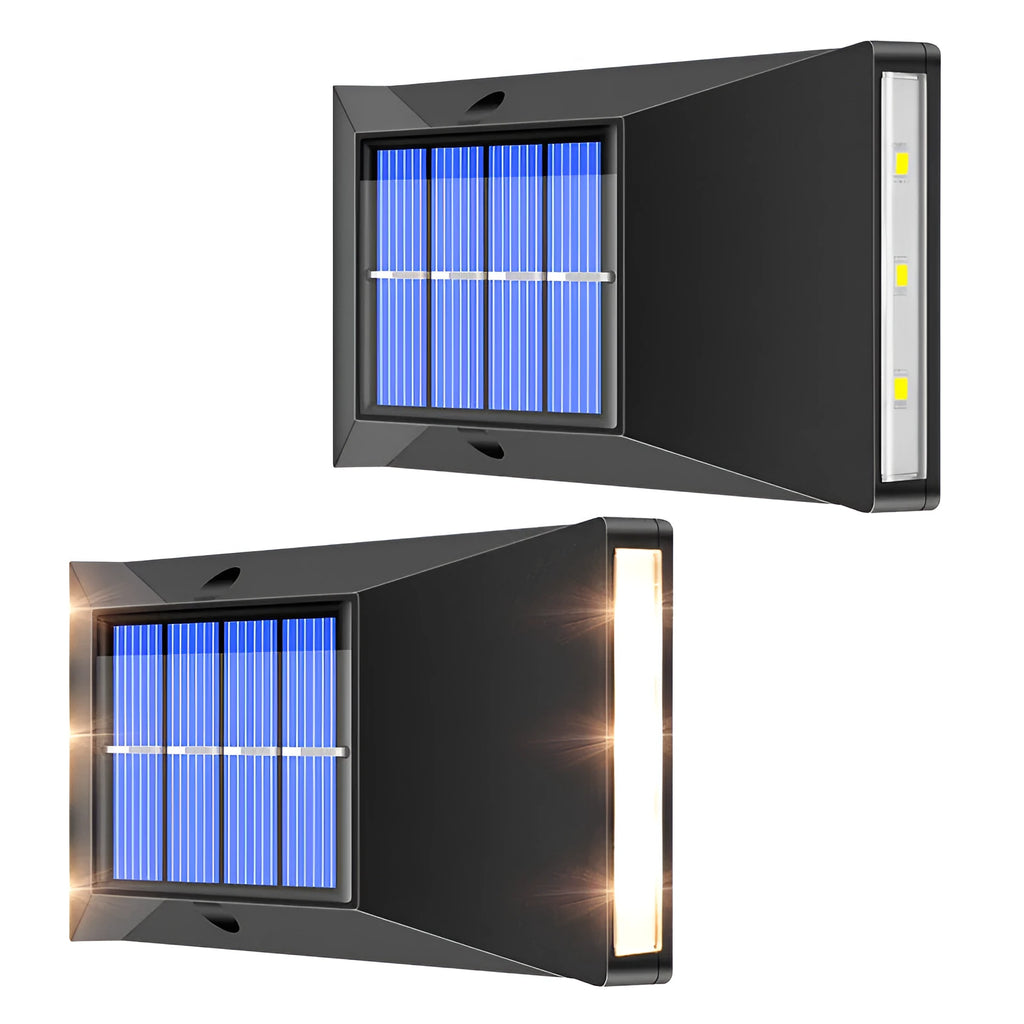 Solar-powered LED outdoor wall light with six LEDs and waterproof construction