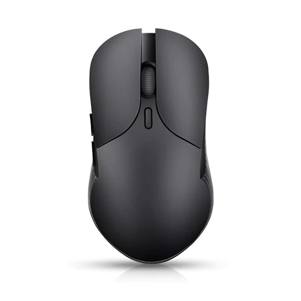 Blue wireless computer mouse with voice control and translation functions on a desk.