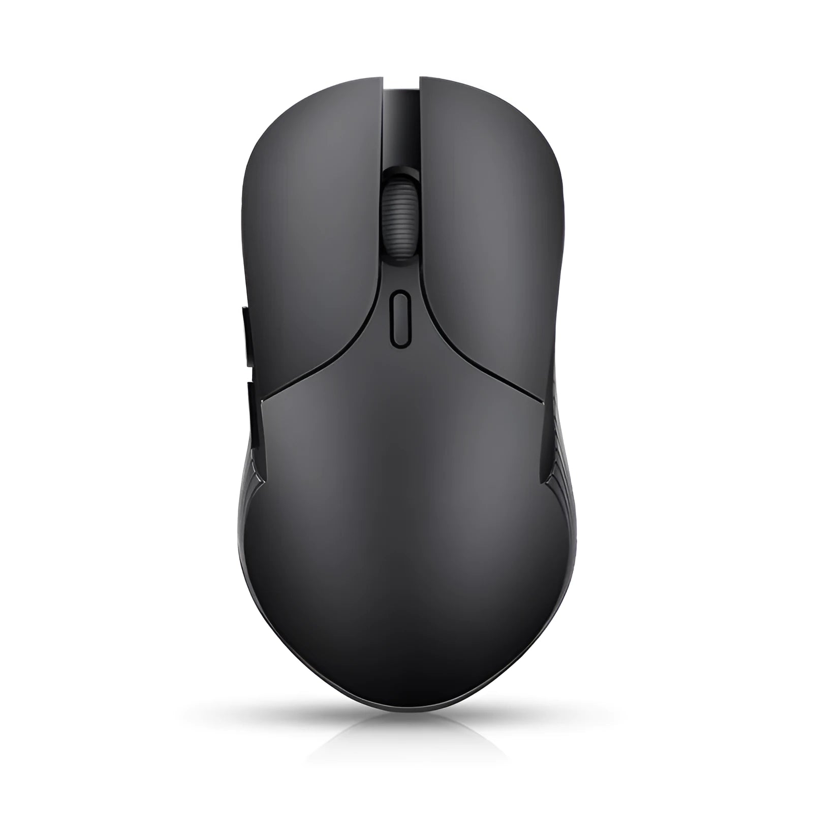 Blue wireless computer mouse with voice control and translation functions on a desk.