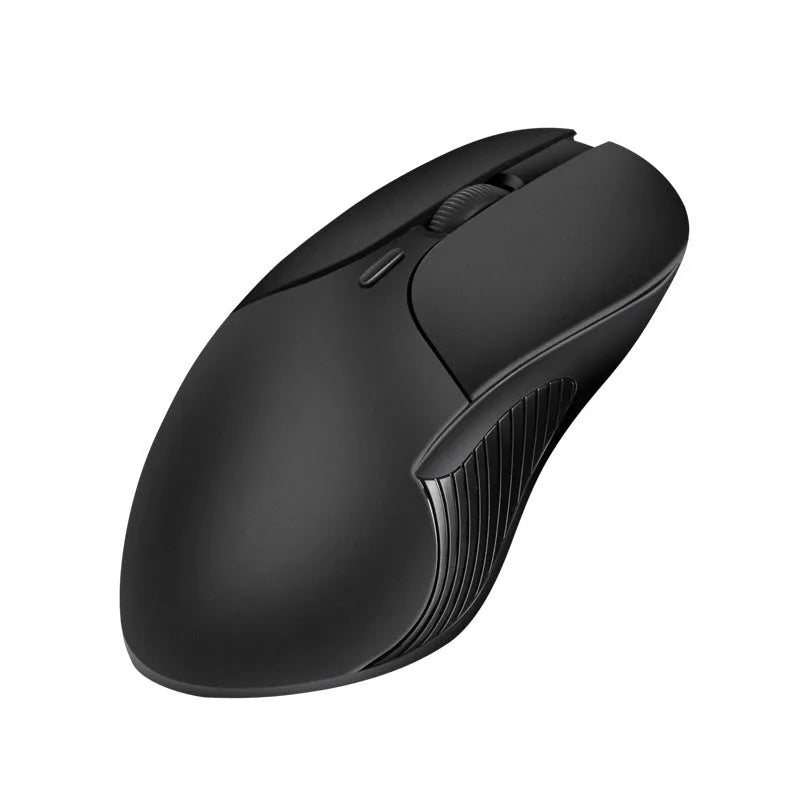 Blue wireless computer mouse with voice control and translation functions on a desk.