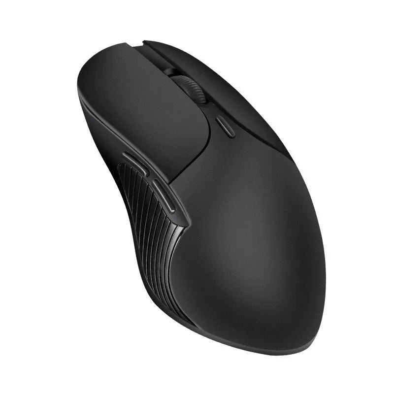 Blue wireless computer mouse with voice control and translation functions on a desk.