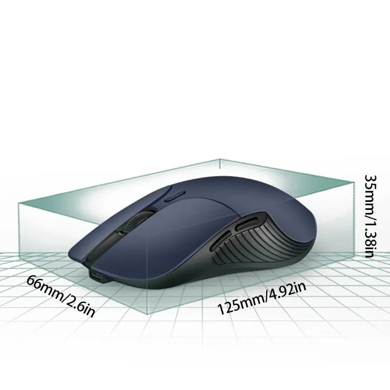 Blue wireless computer mouse with voice control and translation functions on a desk.