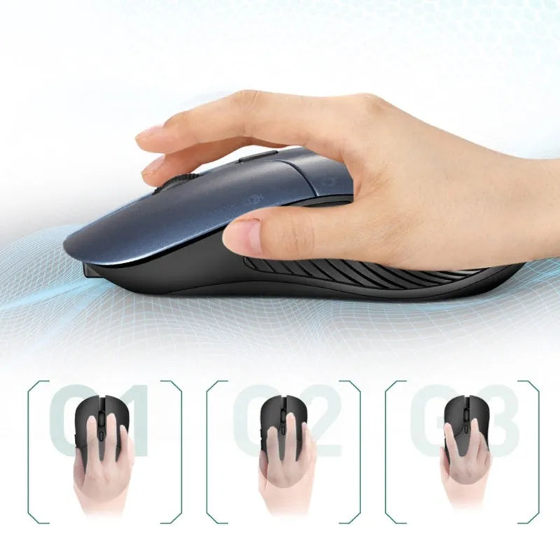 Blue wireless computer mouse with voice control and translation functions on a desk.