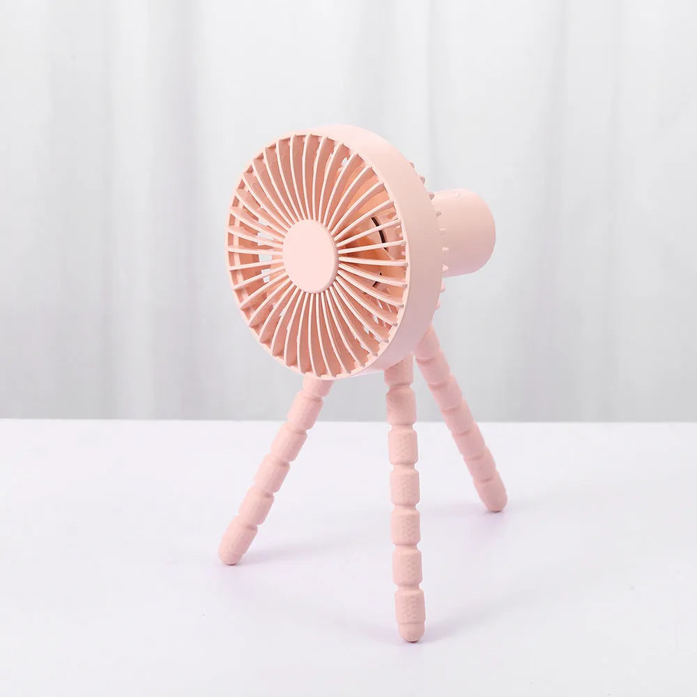 Black portable desktop fan with adjustable bending head and flexible octopus tripod legs.