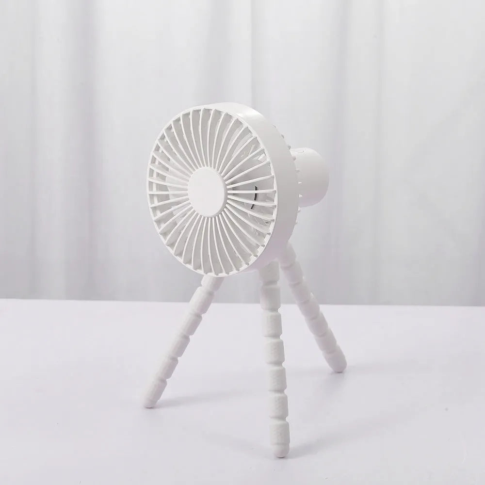 Black portable desktop fan with adjustable bending head and flexible octopus tripod legs.