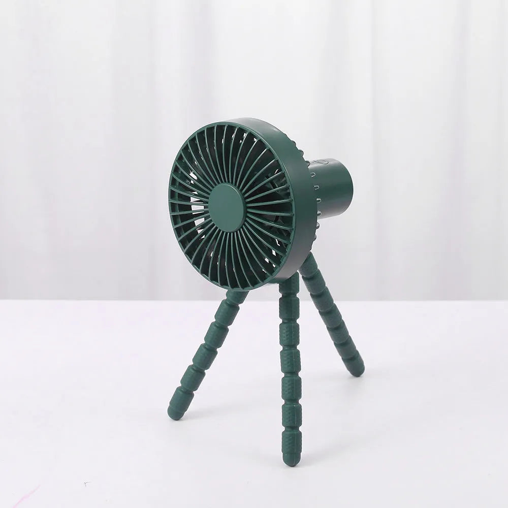 Black portable desktop fan with adjustable bending head and flexible octopus tripod legs.
