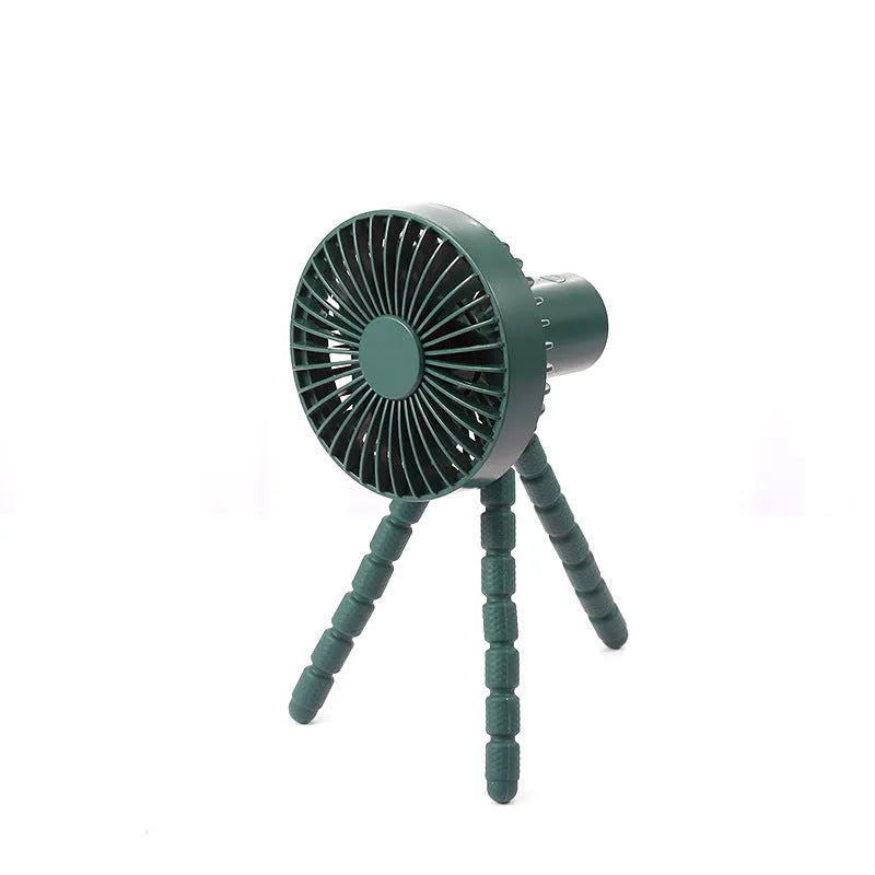 Black portable desktop fan with adjustable bending head and flexible octopus tripod legs.