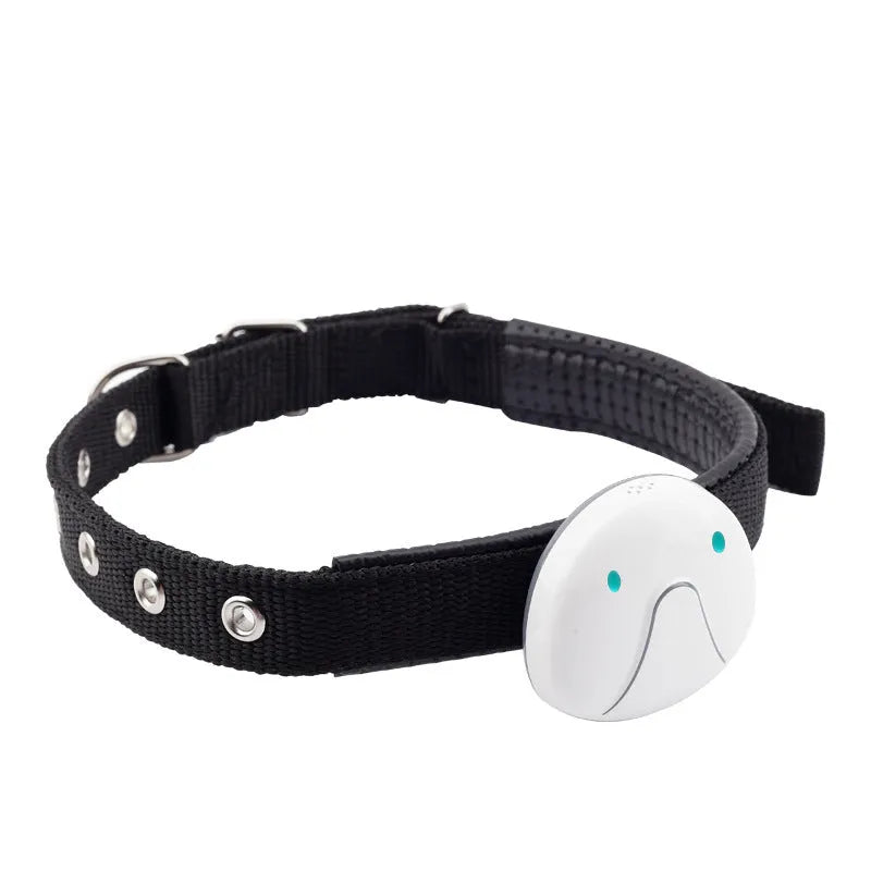 Mini pet smart wearable locator in black or white with ABS and PVC body and 80-hour polymer battery.
