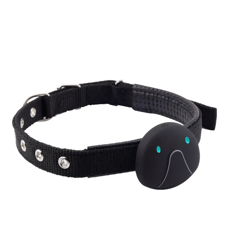 Mini pet smart wearable locator in black or white with ABS and PVC body and 80-hour polymer battery.