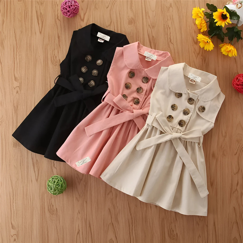 Toddler girl in sleeveless cotton princess dress with A-line design and sash button detail