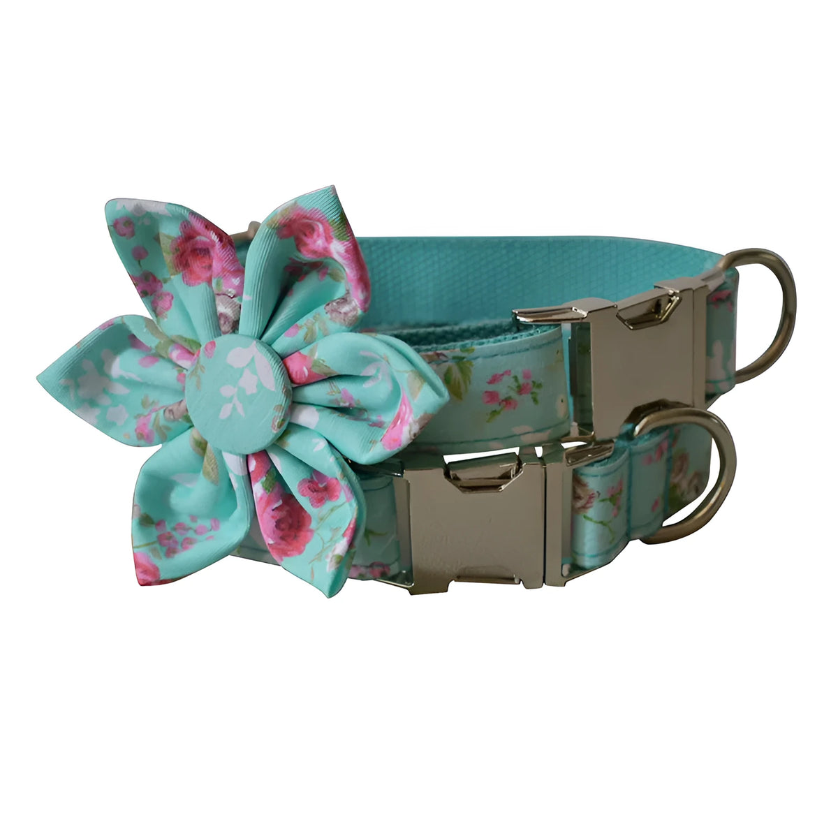 Green Rose cotton dog collar and leash set with floral pattern in sizes S, M, L and XL