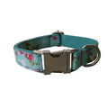 Green Rose cotton dog collar and leash set with floral pattern in sizes S, M, L and XL