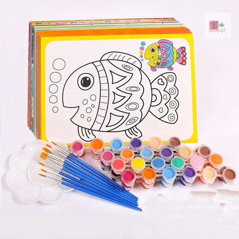 Children's gouache painting set showing 50 drawing boards, 8 rows of paint, pens, and a palette.