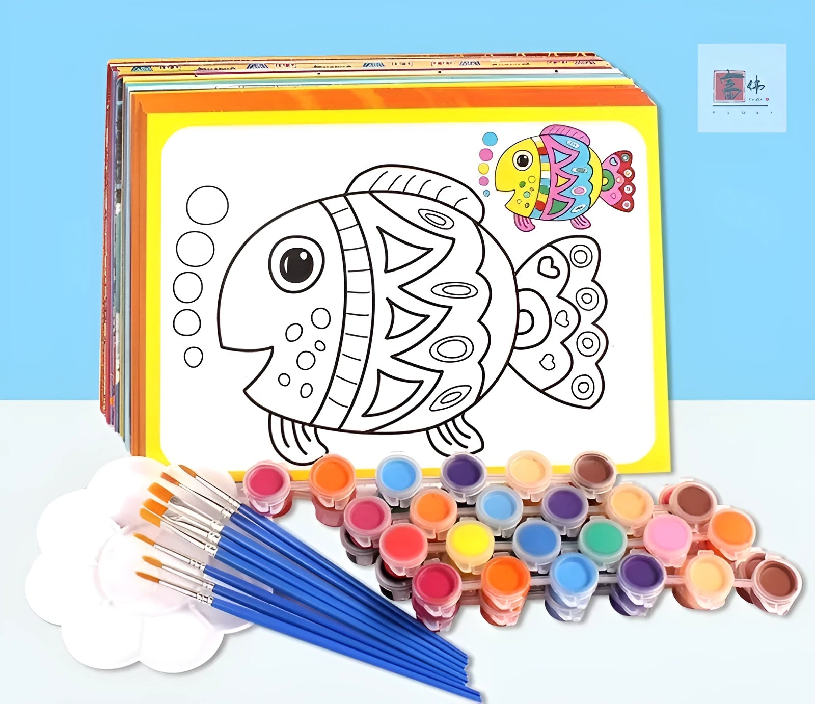 Children's gouache painting set showing 50 drawing boards, 8 rows of paint, pens, and a palette.