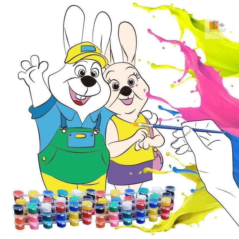 Children's gouache painting set showing 50 drawing boards, 8 rows of paint, pens, and a palette.