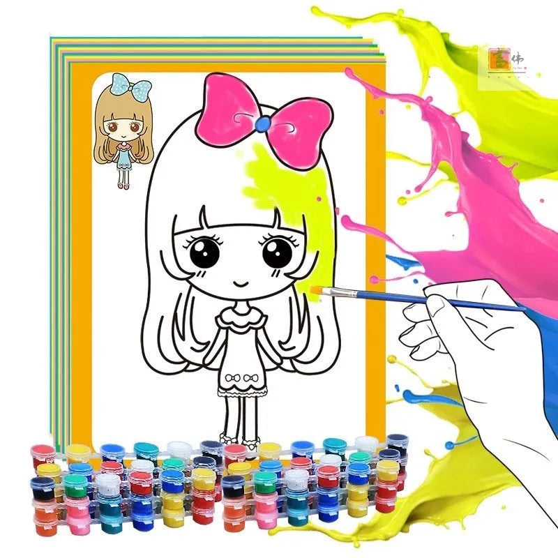 Children's gouache painting set showing 50 drawing boards, 8 rows of paint, pens, and a palette.