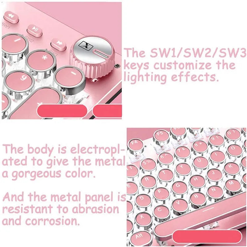 Pink and silver mechanical keyboard with green switches and matching wireless mouse on a desk.