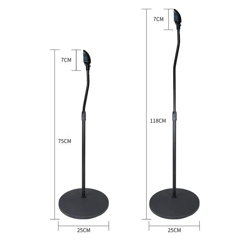 Black tripod speaker stand holding a bookshelf satellite speaker on its hanger rack.