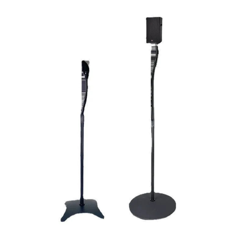 Black tripod speaker stand holding a bookshelf satellite speaker on its hanger rack.