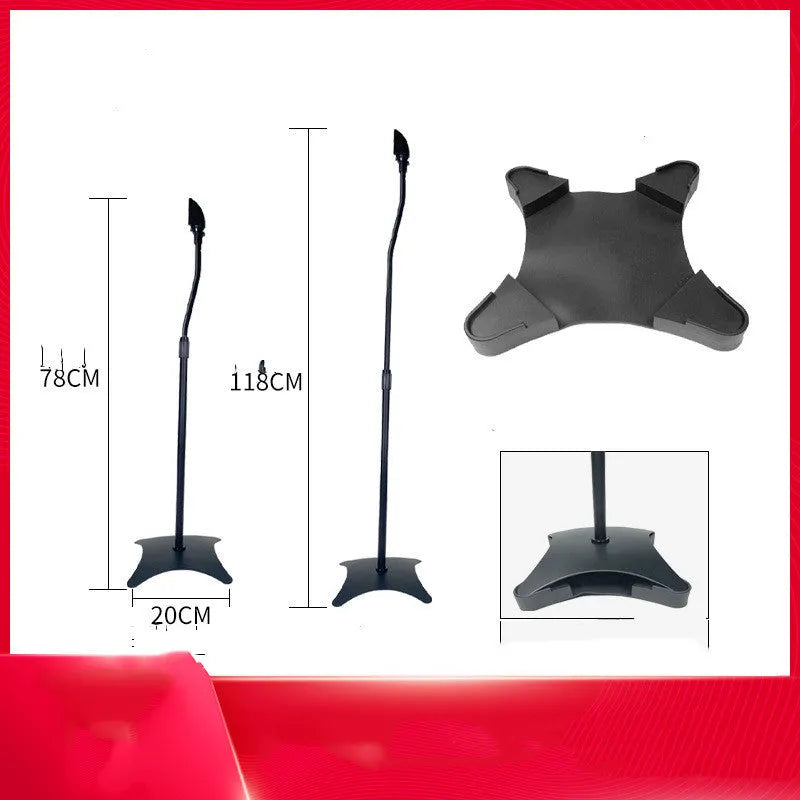 Black tripod speaker stand holding a bookshelf satellite speaker on its hanger rack.